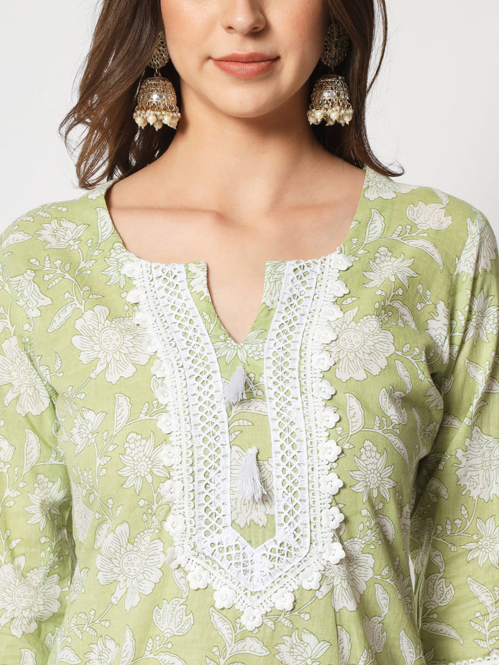 anokherang Combos Pastel Green Crochet Kurti