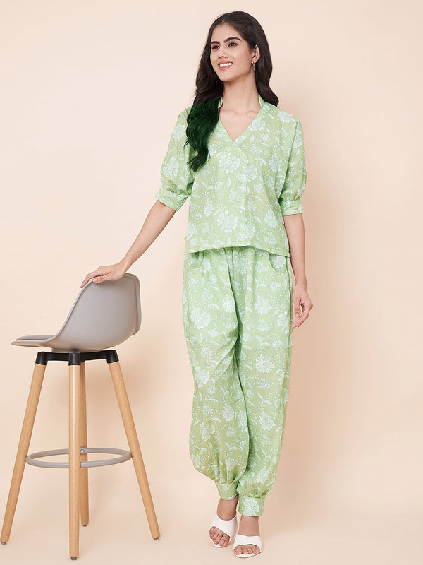 anokherang Combos Pastel Green Pinted Harem Top with Jogger Pants