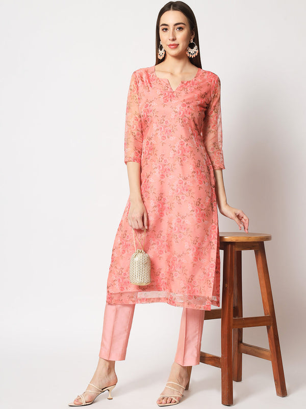 anokherang Combos Peach Floral Organza Kurti