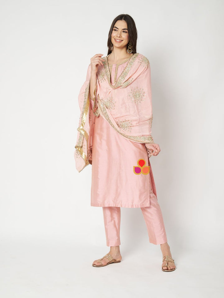 anokherang Combos Peach Petal Straight Kurti with Pants and Gotta Patti Dupatta