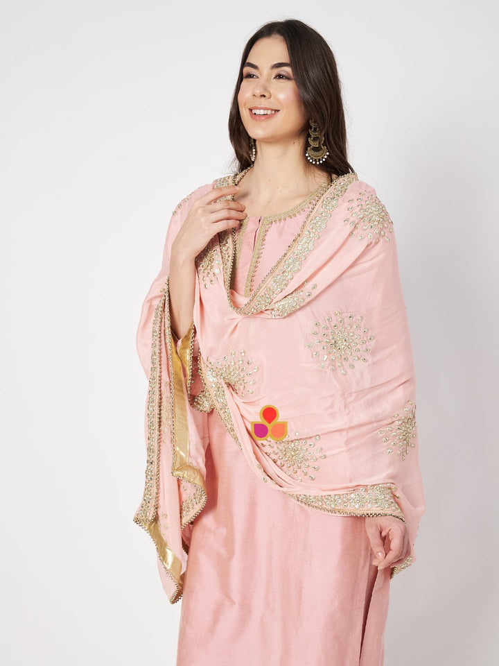 anokherang Combos Peach Petal Straight Kurti with Pants and Gotta Patti Dupatta