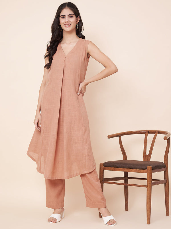 anokherang Combos Peachy Mist Linen Asymetrical Kurti with Palazzos