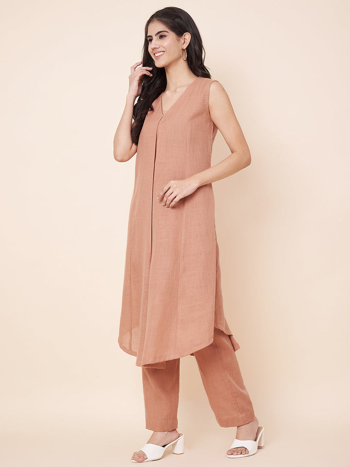 anokherang Combos Peachy Mist Linen Asymetrical Kurti with Palazzos