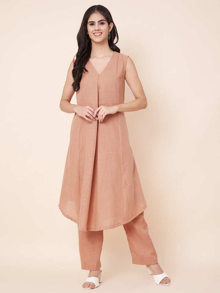 anokherang Combos Peachy Mist Linen Asymetrical Kurti with Palazzos