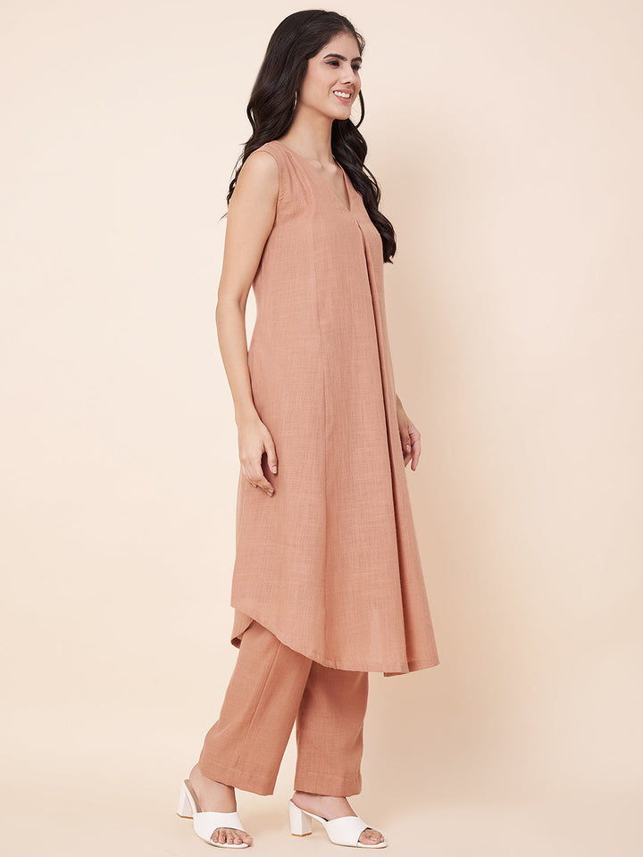 anokherang Combos Peachy Mist Linen Asymetrical Kurti with Palazzos