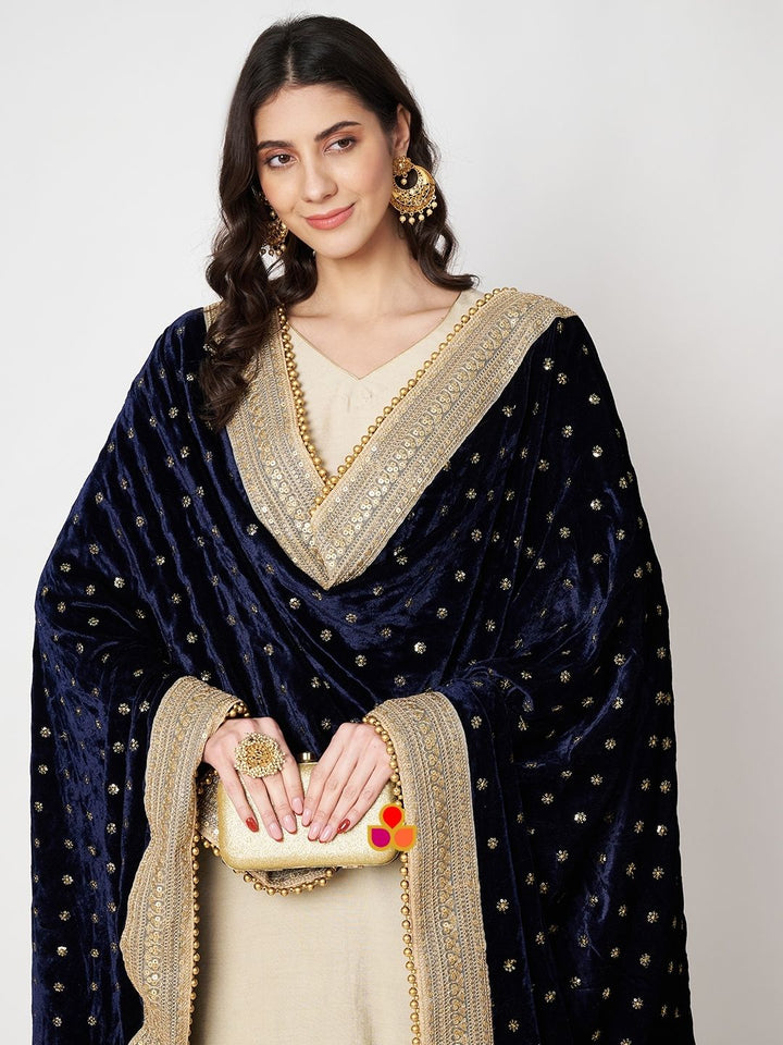 anokherang Combos Pearl Ivory Silk Straight Kurti with Pants and Embroidered Navy Blue Velvet Dupatta