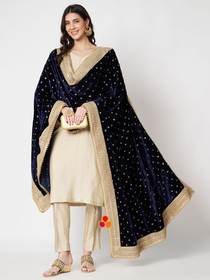 anokherang Combos Pearl Ivory Silk Straight Kurti with Pants and Embroidered Navy Blue Velvet Dupatta