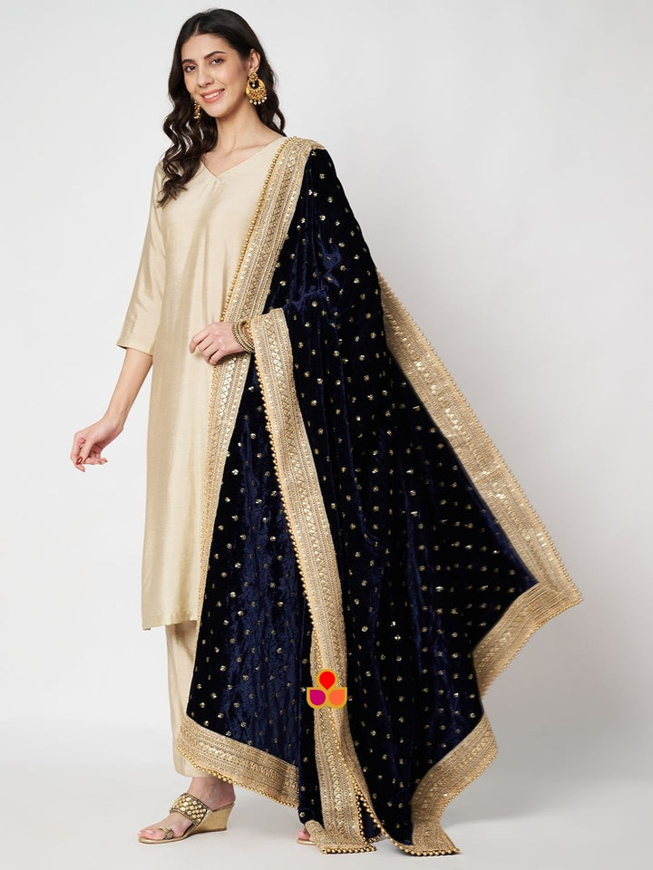 anokherang Combos Pearl Ivory Silk Straight Kurti with Pants and Embroidered Navy Blue Velvet Dupatta