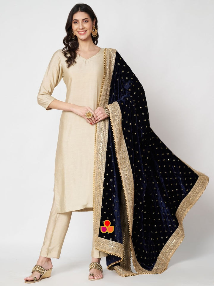 anokherang Combos Pearl Ivory Silk Straight Kurti with Pants and Embroidered Navy Blue Velvet Dupatta