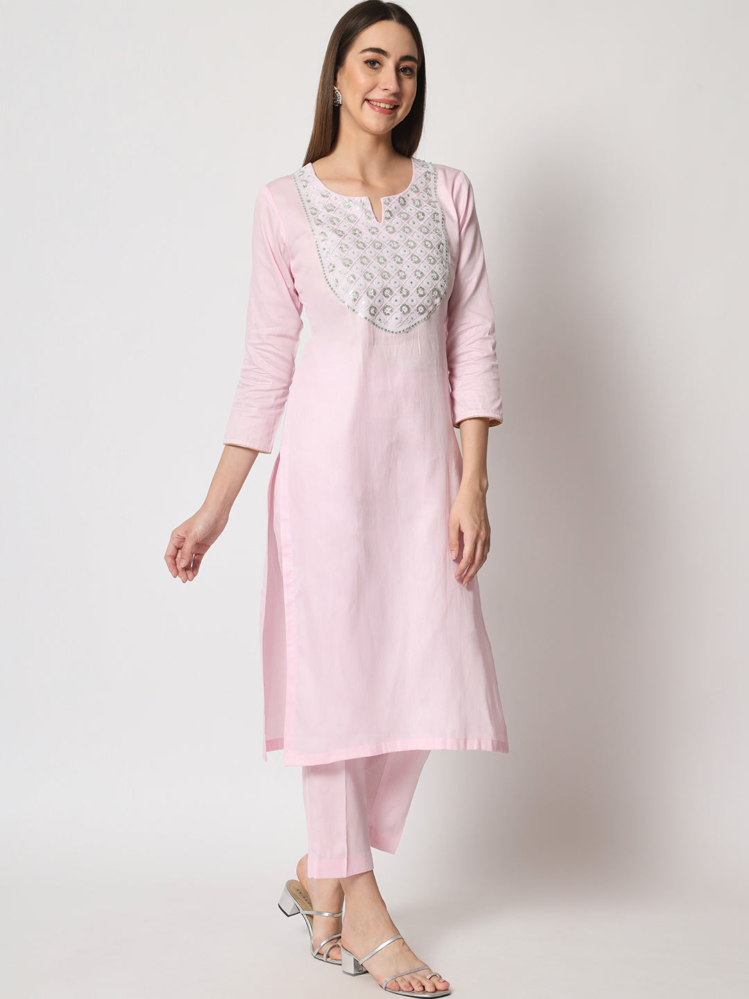 Pink Delight Embroidered Straight Kurti With Pants And Kota Dupatta Anokherang 5193