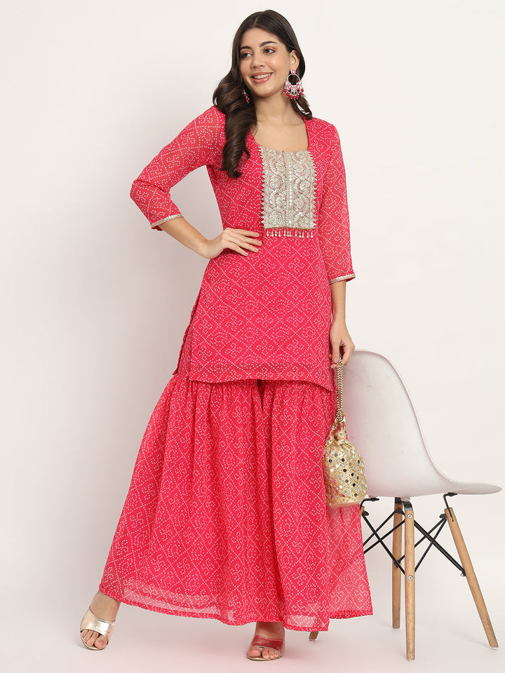 anokherang Combos Pink Georgette Bandhani Kurti with Sharara