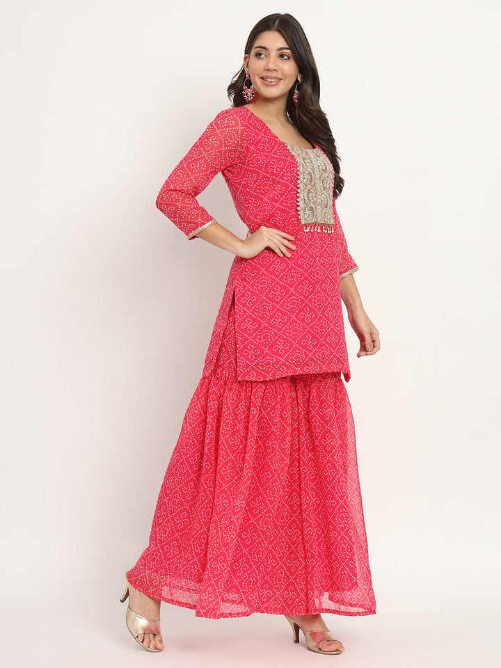 anokherang Combos Pink Georgette Bandhani Kurti with Sharara