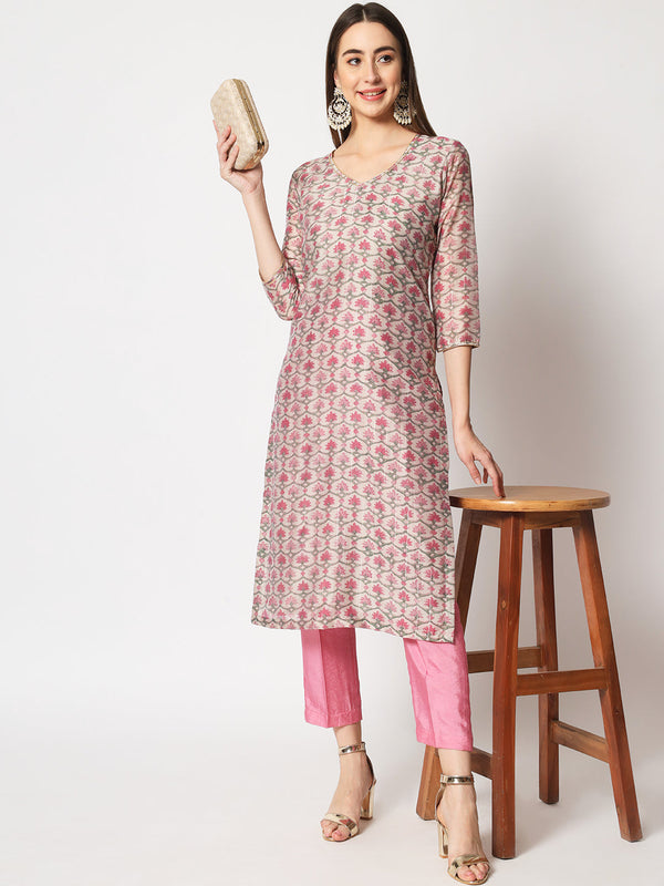 anokherang Combos Pink Lurex Floral Printed Silk Kurti