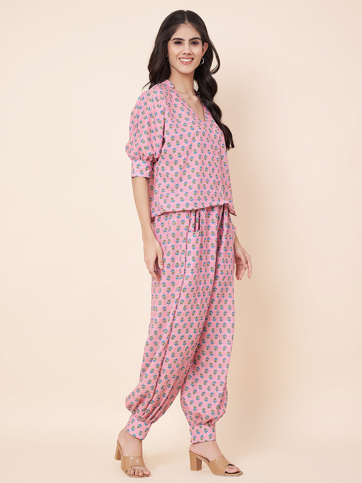 anokherang Combos Pink Pinted Harem Top with Jogger Pants