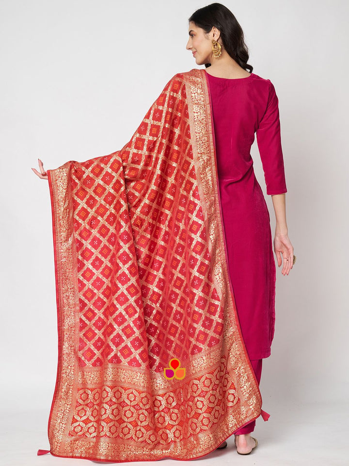 anokherang Combos Pink Velvet Straight Kurti with Pants and Pink Red Bandhej Banarsi Dupatta