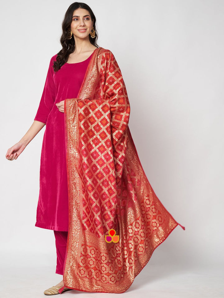 anokherang Combos Pink Velvet Straight Kurti with Pants and Pink Red Bandhej Banarsi Dupatta