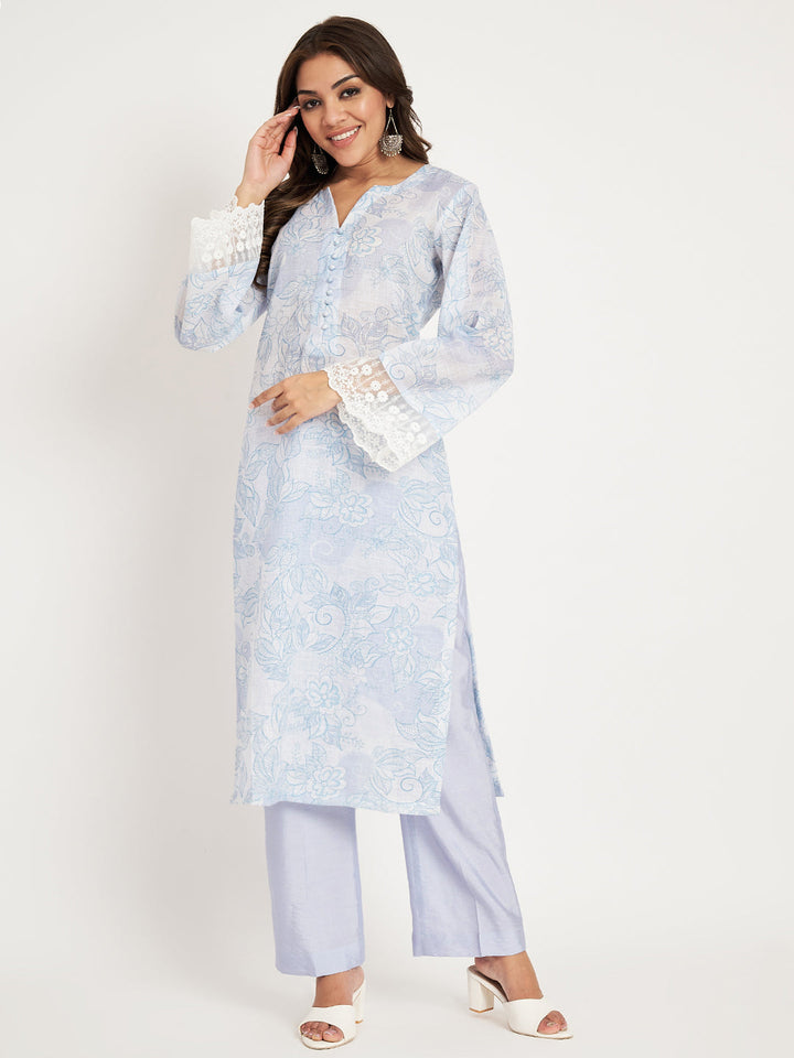 anokherang Combos Powder Blue Printed Straight Kurti with Straight Pants