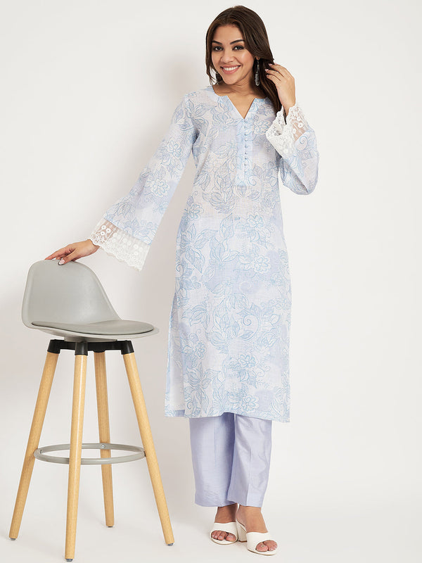 anokherang Combos Powder Blue Printed Straight Kurti with Straight Pants