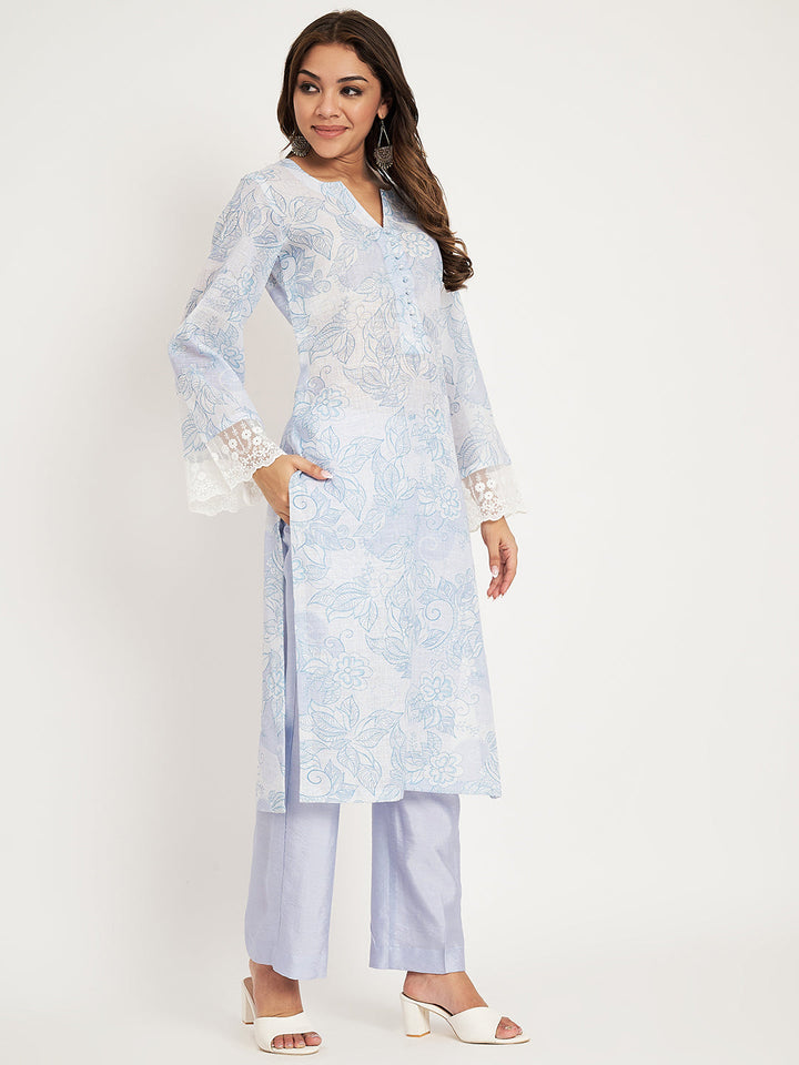 anokherang Combos Powder Blue Printed Straight Kurti with Straight Pants