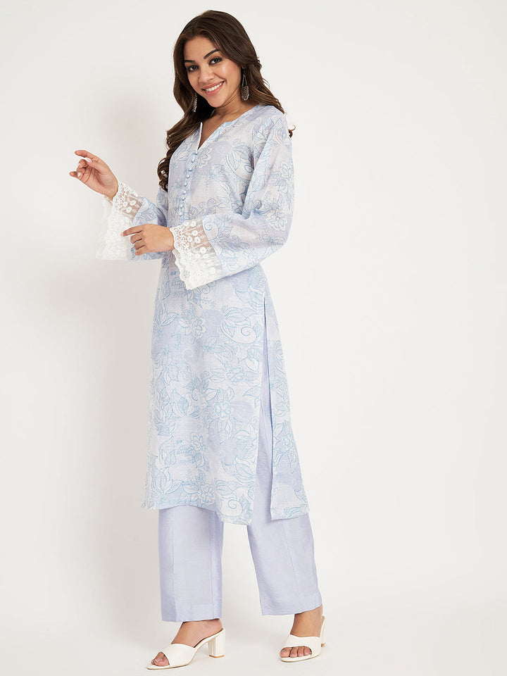 anokherang Combos Powder Blue Printed Straight Kurti with Straight Pants