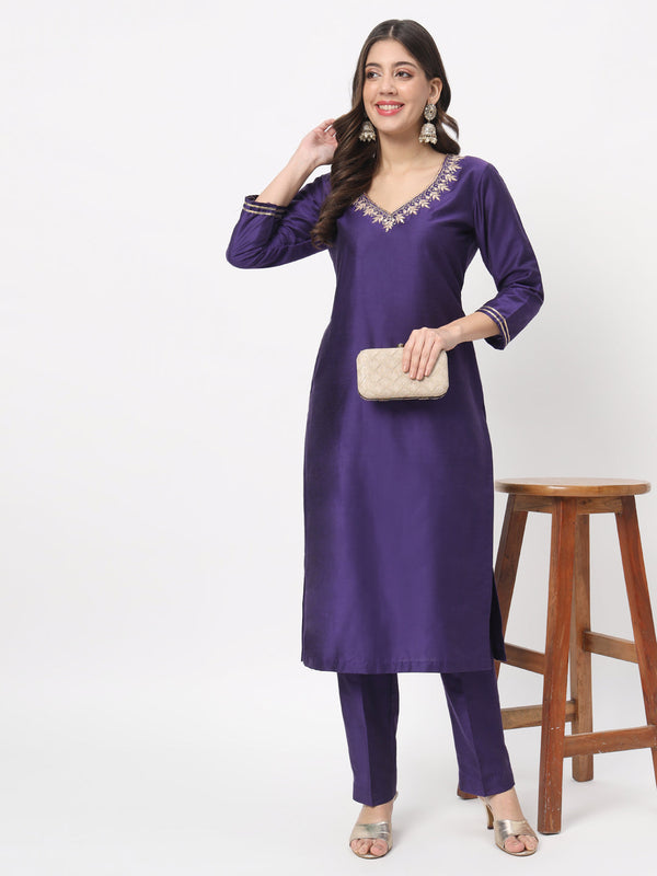 anokherang Combos Purple Embroidered Straight Kurta with Straight Pants