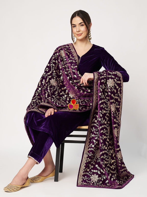 anokherang Combos Purple Grace Straight Kurti with Straight Pants and Zari Embroidered Velvet Dupatta