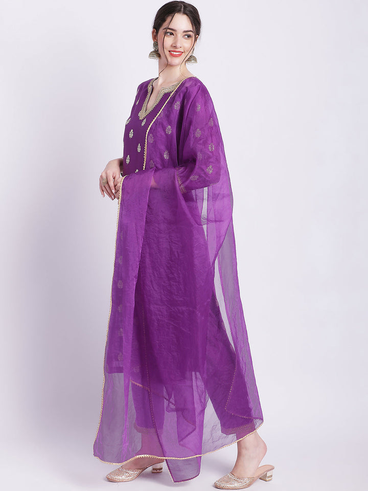 anokherang Combos Purple Jugni Straight Silk Kurti with Straight Pants and Dupatta