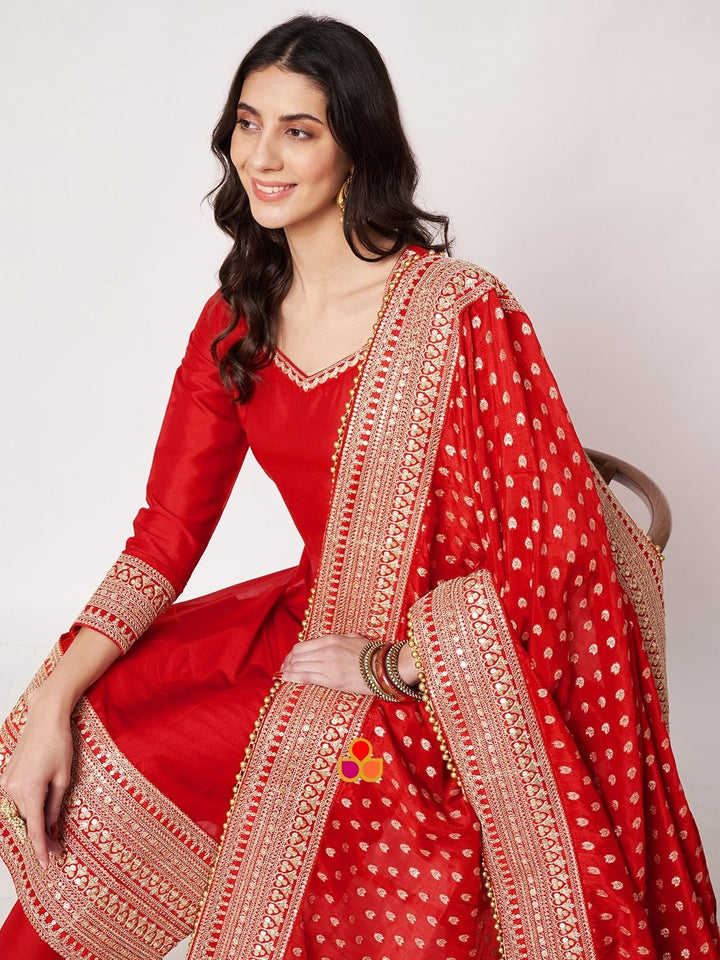 anokherang Combos Ravishing Red Straight Silk Kurti with Pants and Embroidered Silk Dupatta