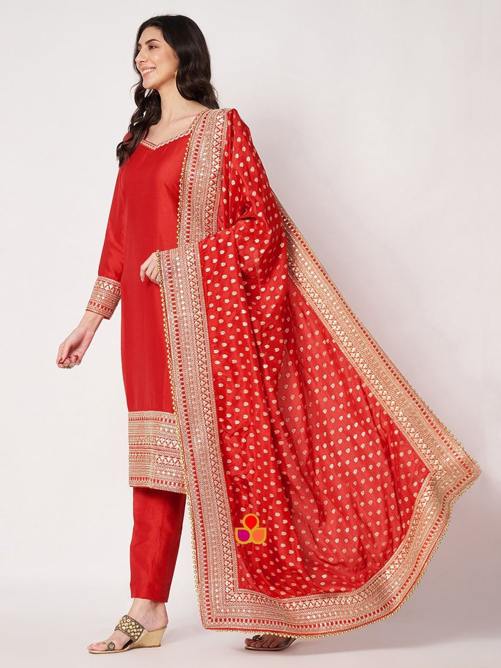 anokherang Combos Ravishing Red Straight Silk Kurti with Pants and Embroidered Silk Dupatta