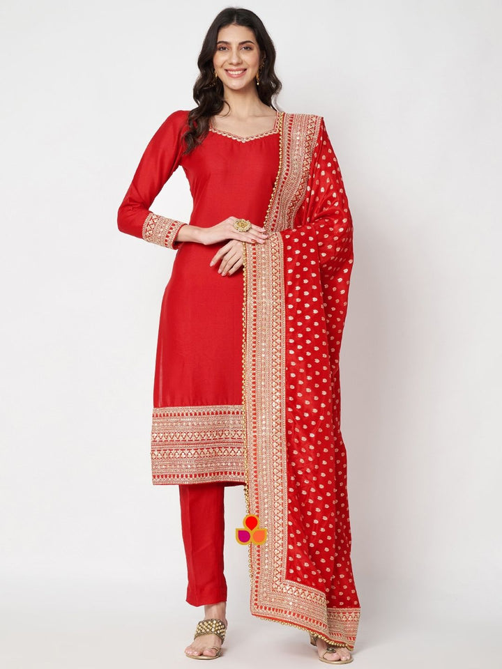 anokherang Combos Ravishing Red Straight Silk Kurti with Pants and Embroidered Silk Dupatta