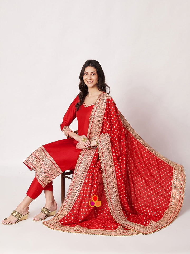 anokherang Combos Ravishing Red Straight Silk Kurti with Pants and Embroidered Silk Dupatta