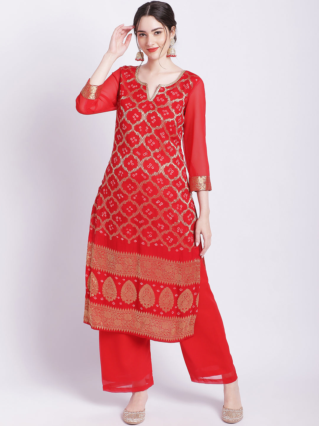 Bridal Red Banarsi Bandhej Kurti with Straight Palazzo – anokherang