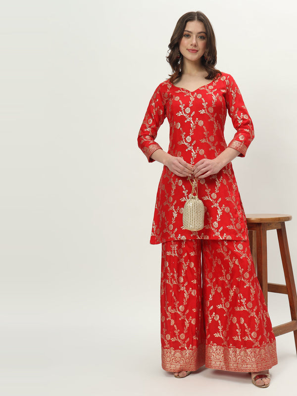 anokherang Combos Red Hue Banarsi Silk Kurti with Palazzo