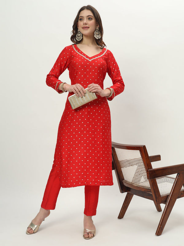 anokherang Combos Rich Red Chanderi Straight Kurti with Pants