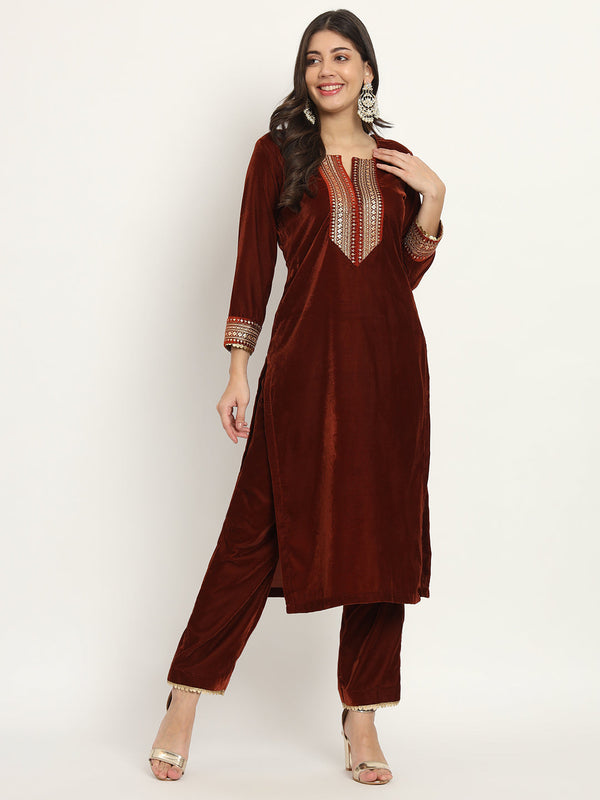 anokherang Combos Copy of Rust Festive Velvet Kurti with Pants