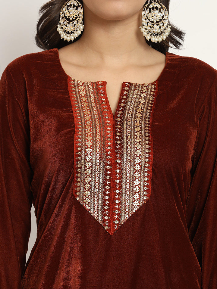 anokherang Combos Rust Festive Velvet Kurti with Pants