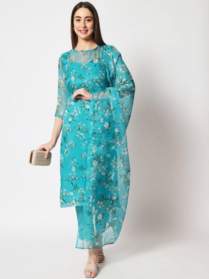 anokherang Combos Sea Green Printed Organza Kurti with Straight Pants and Printed Dupatta