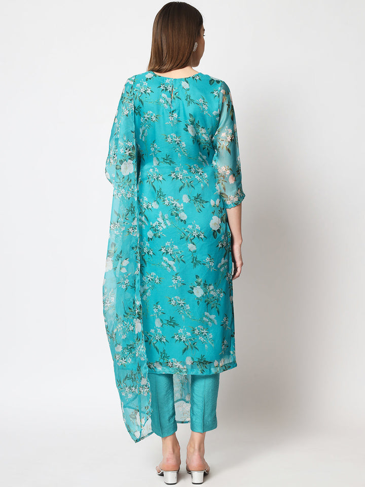 anokherang Combos Sea Green Printed Organza Kurti with Straight Pants and Printed Dupatta