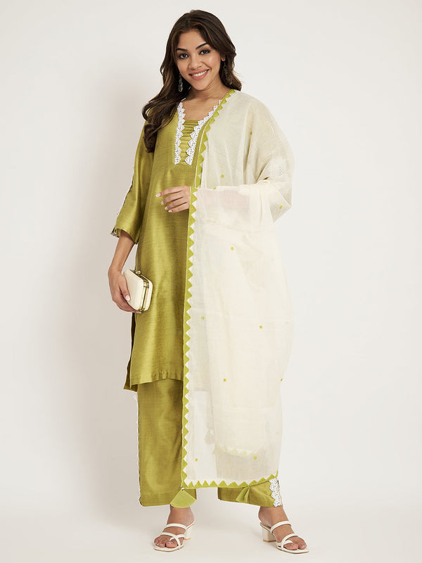 anokherang Combos Sheen Green Straight Kurti with Straight Palazzo and Dupatta