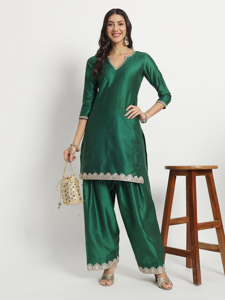 anokherang Combos Silken Shade of Green Kurti with Salwar