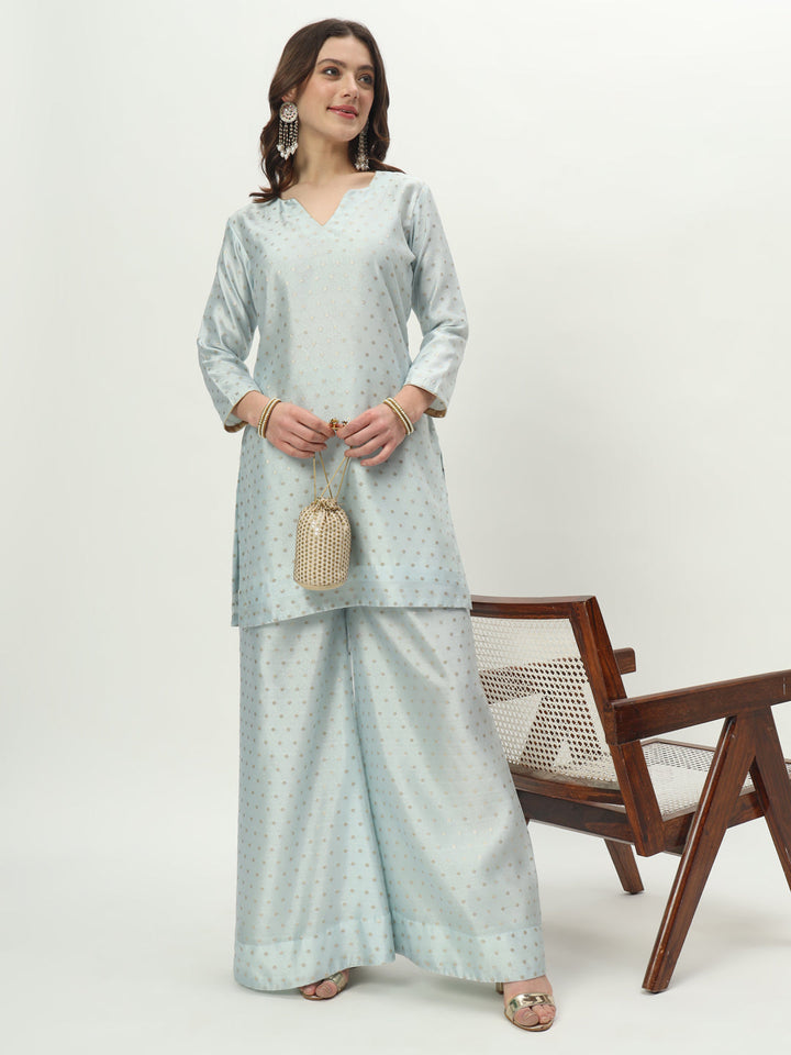 anokherang Combos Soft Blue Organza Banarsi Kurti with Palazzo