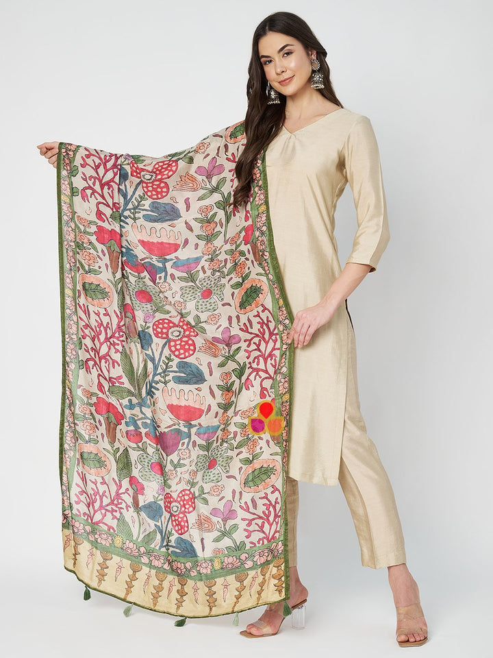 anokherang Combos Soft Ivory Silk Kurti with Straight Pants and Floral Printed Silk Dupatta