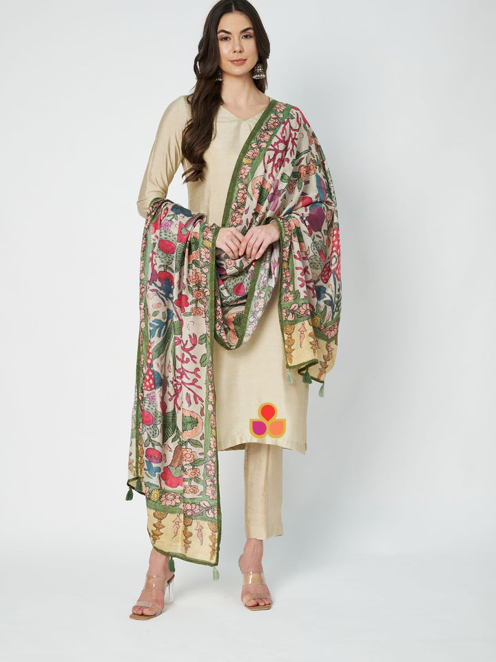 anokherang Combos Soft Ivory Silk Kurti with Straight Pants and Floral Printed Silk Dupatta