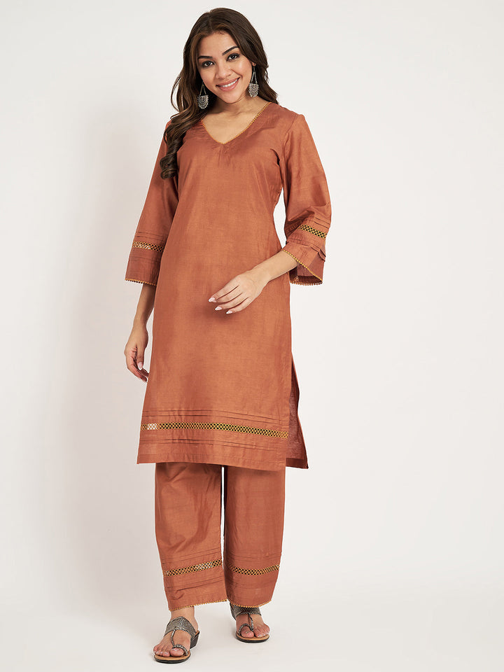 anokherang Combos Tangerine Silk straight Kurti with Palazzo