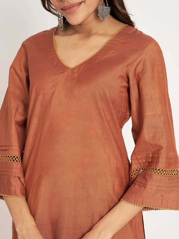 anokherang Combos Tangerine Silk straight Kurti with Palazzo