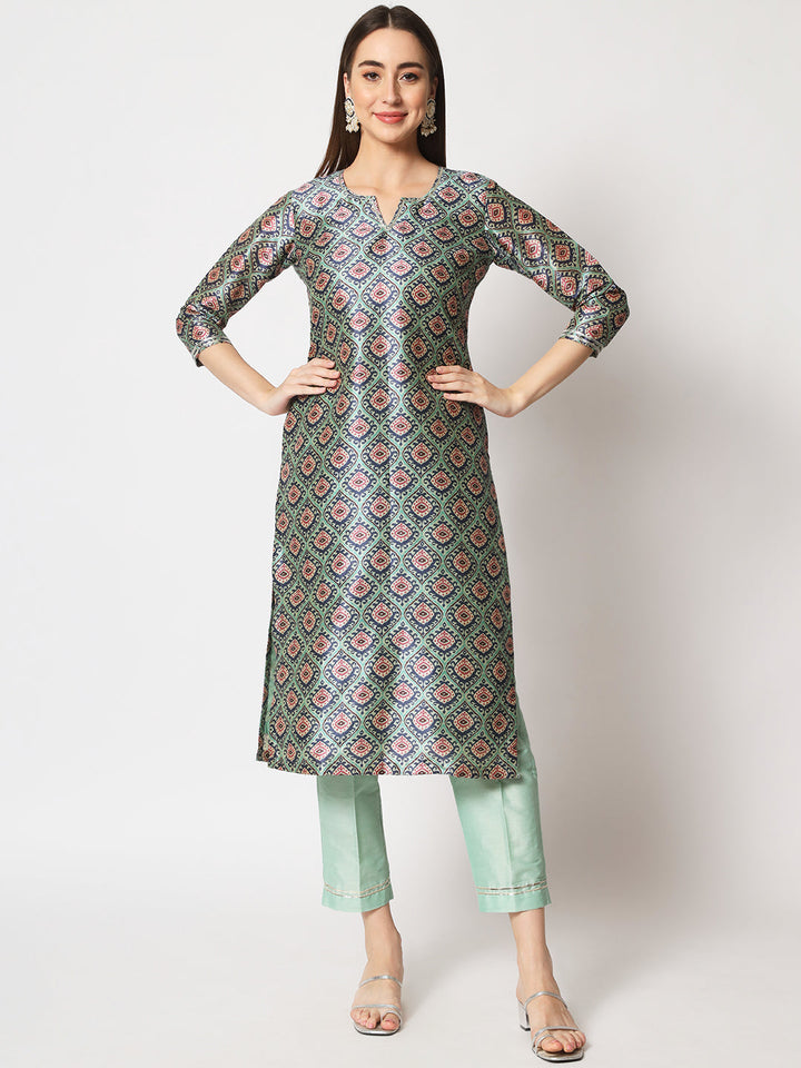 anokherang Combos Turquoise Printed Silk Kurti