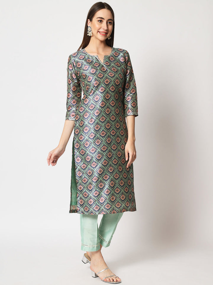 anokherang Combos Turquoise Printed Silk Kurti