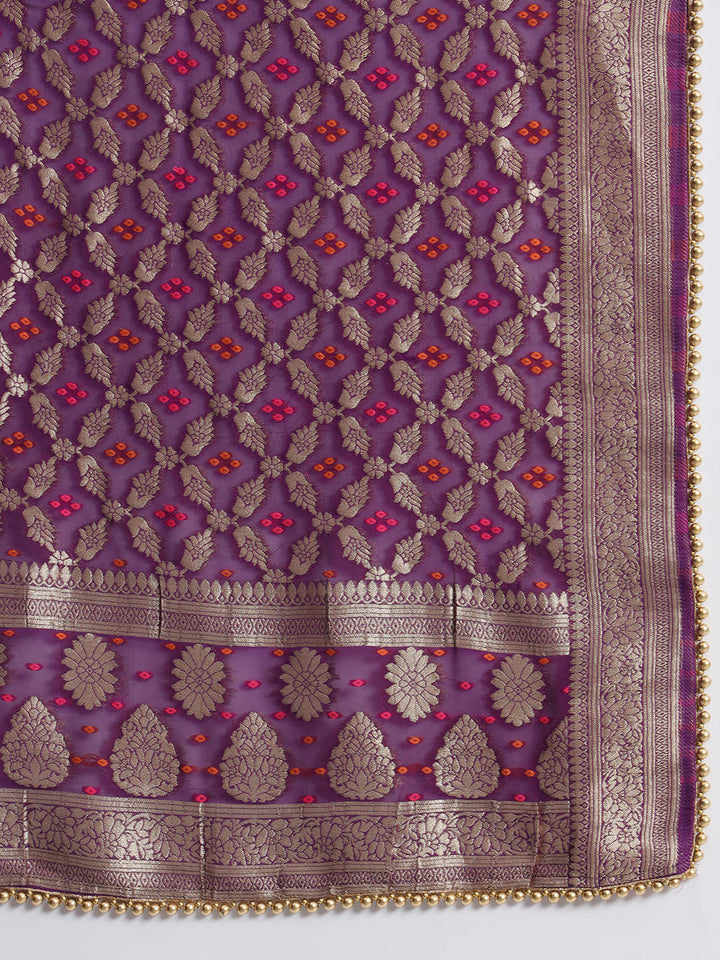 anokherang Combos Violet Twilight Silk Kurti with Kalidar Palazzo and Georgette Banarasi Dupatta