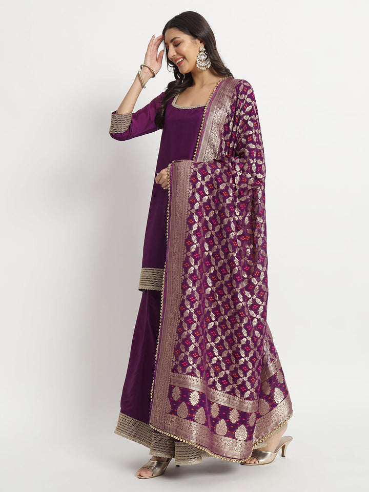 anokherang Combos Violet Twilight Silk Kurti with Kalidar Palazzo and Georgette Banarasi Dupatta