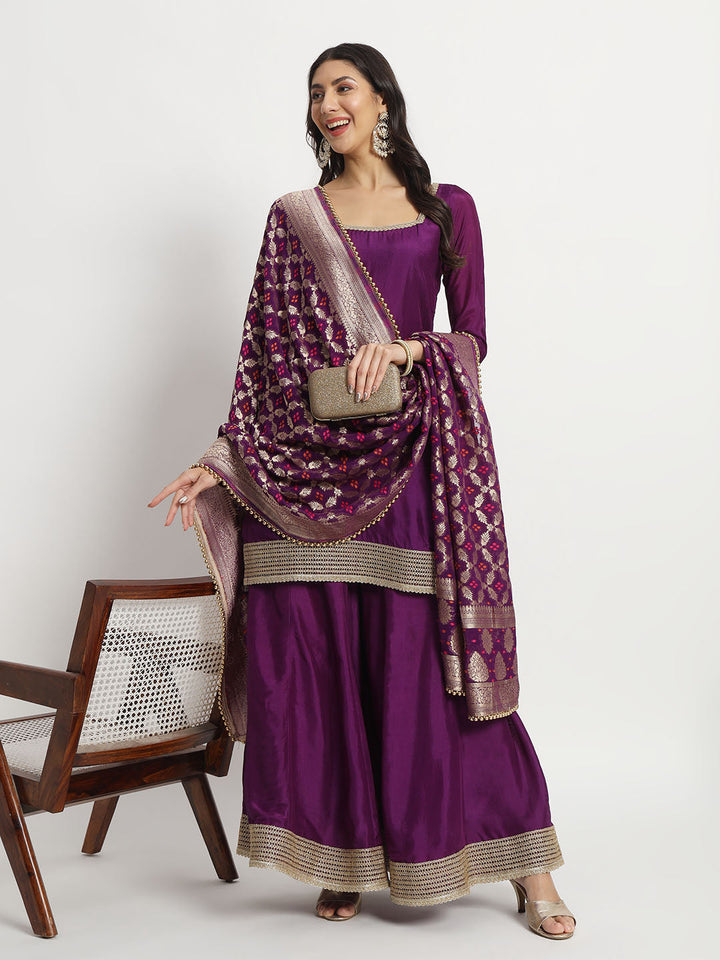 anokherang Combos Violet Twilight Silk Kurti with Kalidar Palazzo and Georgette Banarasi Dupatta